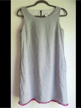 Seersucker Sleeveless Blue & White Striped Midi Dress w/ Pink Fringe Hem